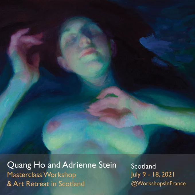 Painting by artist Adrienne Stein. Stein and Quang Ho are running a master class and art retreat in Scotland July 9-18, 2021. Figure painting of a woman lying in water