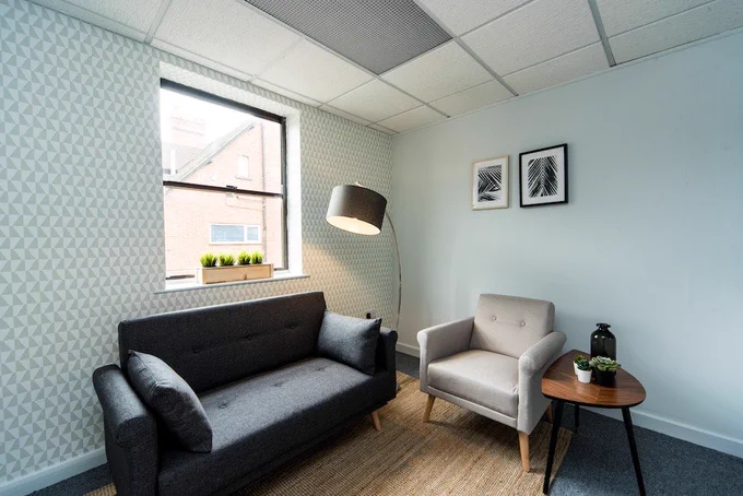 One wall is light blue and the other has a geometric wallpaper. There is a large window with plants on the windowsill. There is a black sofa against one wall and a grey armchair against the other. There is a small table next to the armchair with succulents and a case on it. A lamp illuminates the sofa. The room is bright, modern and spacious.