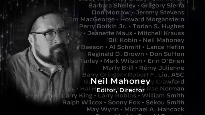 A black-and-white portrait of Neil with the caption "Neil Mahoney. Editor, Director."