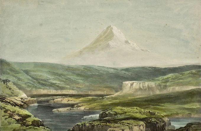 A watercolor illustration of The Dalles of the Columbia River in the foreground and the peak of Mount Hood towering above in the distance.  