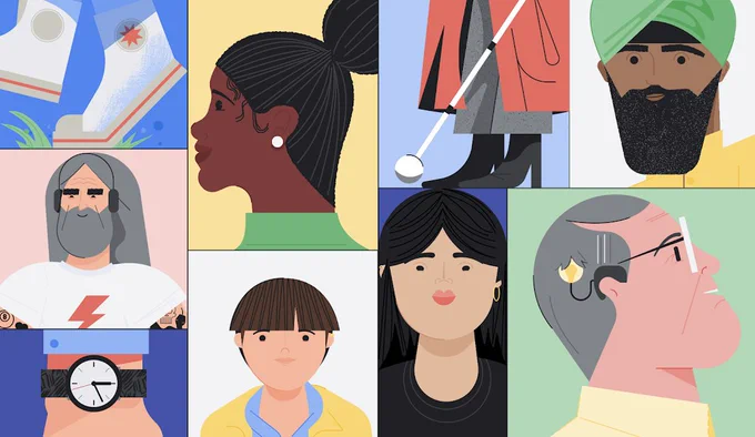 Several different inclusive portraits from the collaboration depict individuals of different ages, cultural backgrounds, and physical abilities.