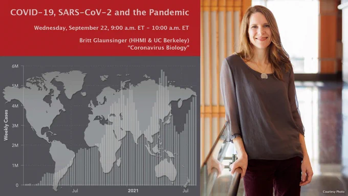 Woman's headshot with the words: "COVID-19, SARS-CoV-2 and the Pandemic," 9/22 9am-10am ET, Britt Glaunsinger (HHMI/UC Berkeley), "Coronavirus Biology"