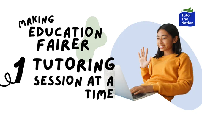 Making education fairer 1 tutoring session at a time: teenage girl sat in orange sweater waving at laptop screen