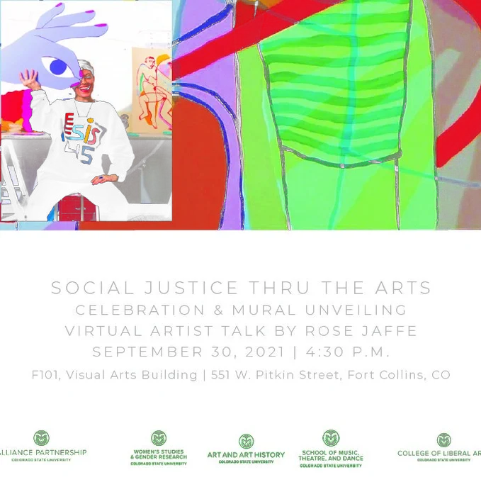 Left: Photo of person wearing black outfit with words RESIST on shirt. Large purple hand shaped like OK sign with an eye in the middle of the thumb and forefinger. Right: black outline of an image of the lower half of a person wearing bright green with darker green horizontal stripes. Other colors, purple, red and blue make up abstract shapes around the person in green.