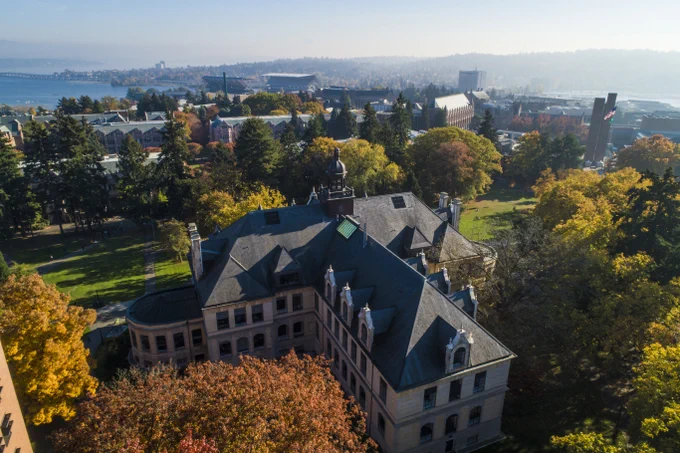 Denny Hall, fall, campus aerial, sunny