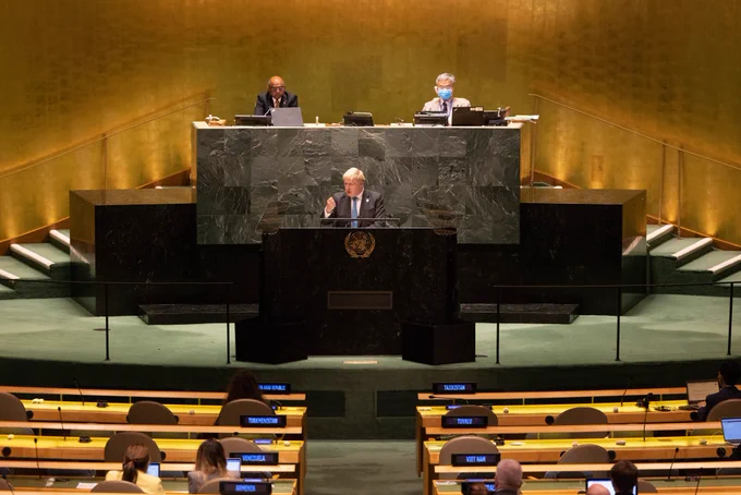 PM Boris Johnson making a speech at the UN General Assembly in New York.