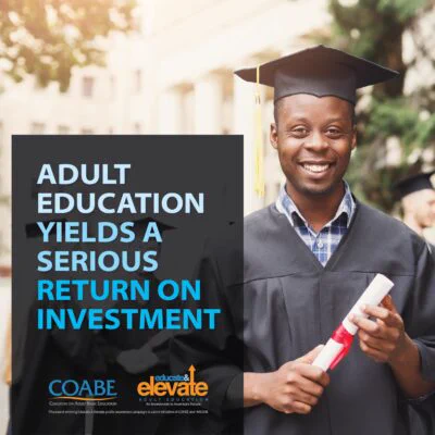 A person wearing a graduation cap and gown, holding a diploma. Adult education yields a serious return on investment, COABE, Educate and Elevate Adult Education.