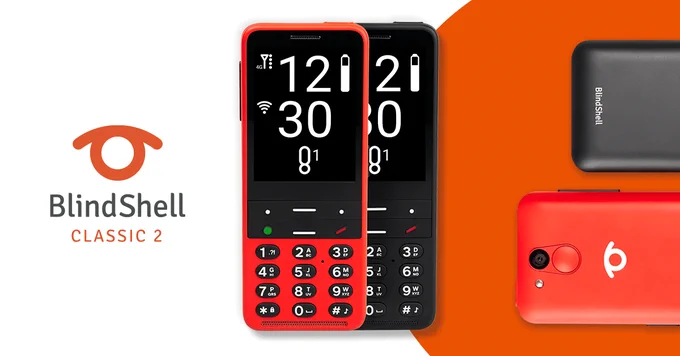 Red and black BlindShell Classic 2 mobile phone for the blind