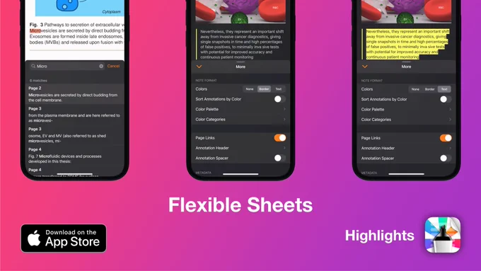 Three iPhones showing the half-height sheets in Highlights for search and document settings