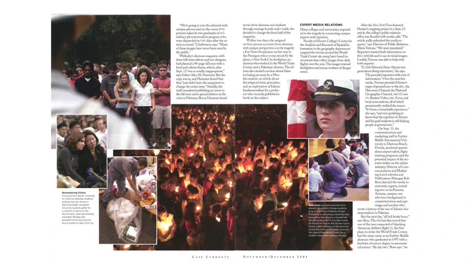 This is a screenshot from a magazine spead about 9/11 and higher education campuses' response to it. In the center is a photo of a candlelight vigil with hundreds of students holding candles.
