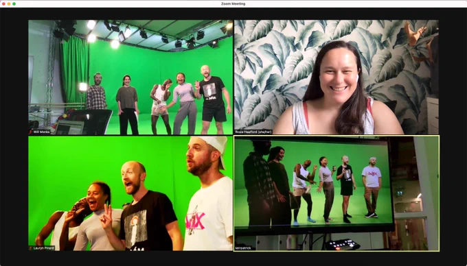 Screenshot of zoom with 4 images. In the top right Rosie sits with a smile. The other 3 images are of the team at Dance East posing joyously