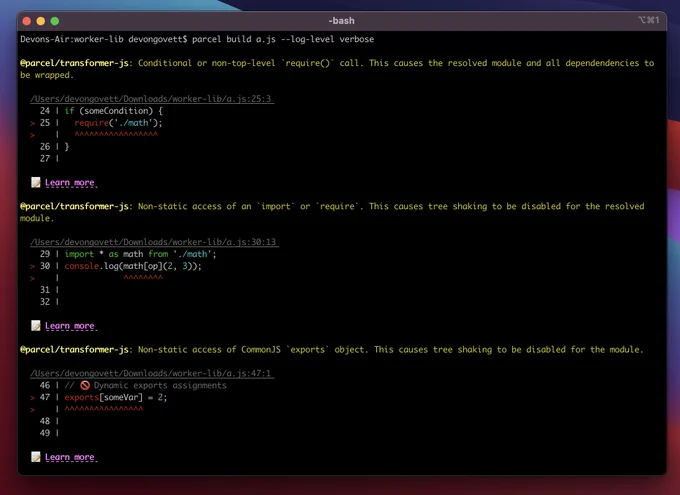 Screenshot of a terminal showing several error messages including conditional require, non-static access of imported object, and non-static access of commonjs exports object.
