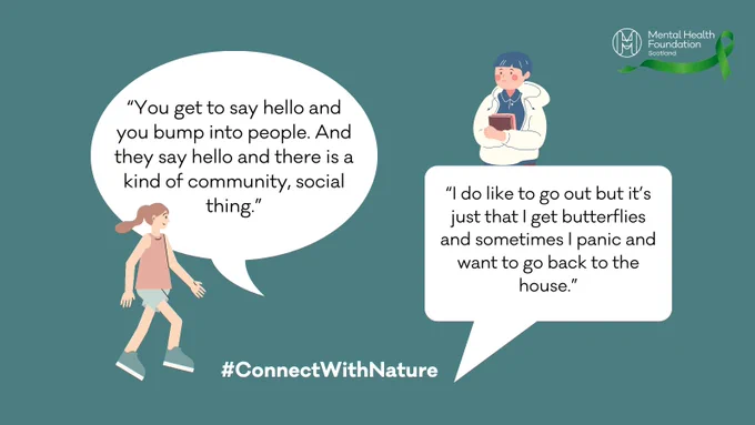 One speech bubble highlights a benefit of going outdoors, and the other shares a negative experience. Two animated people represent each side.