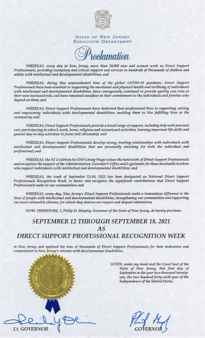 Official proclamation from Governor Murphy for Direct Support Professionals Recognition Week.