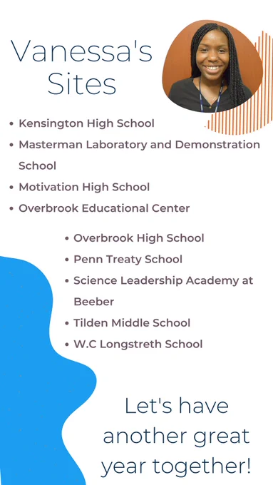 Vanessa's Sites,  Kensington High School, Masterman Laboratory and Demonstration School, Motivation High School, Overbrook Educational Center, Overbrook High School, Penn Treaty School, Science Leadership Academy at Beeber, Tilden Middle School, W.C Longstreth School

