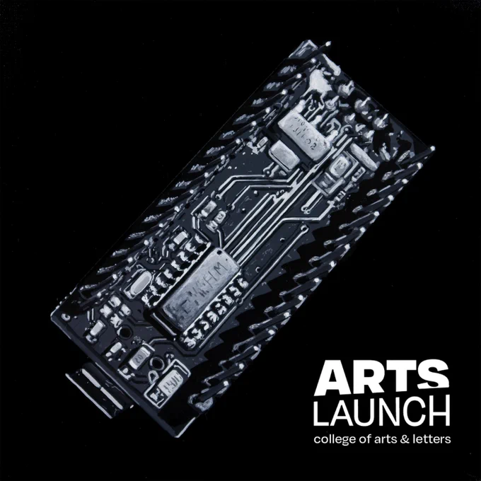 Black and white painting of circuit board with white text in the bottom right corner saying Arts Launch college of arts and letters