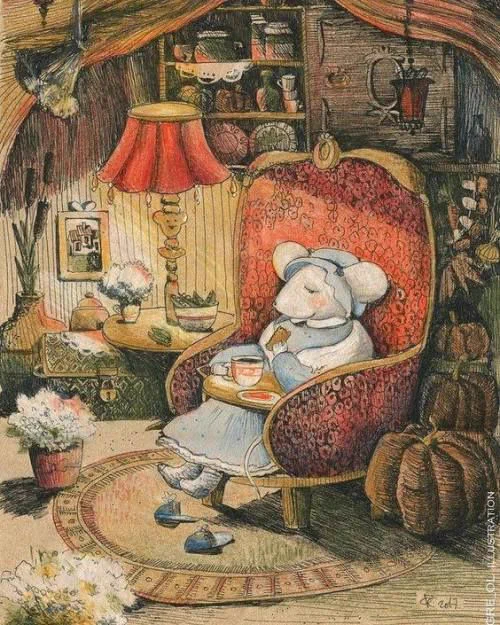 a mouse drinking tea beside a winter fire