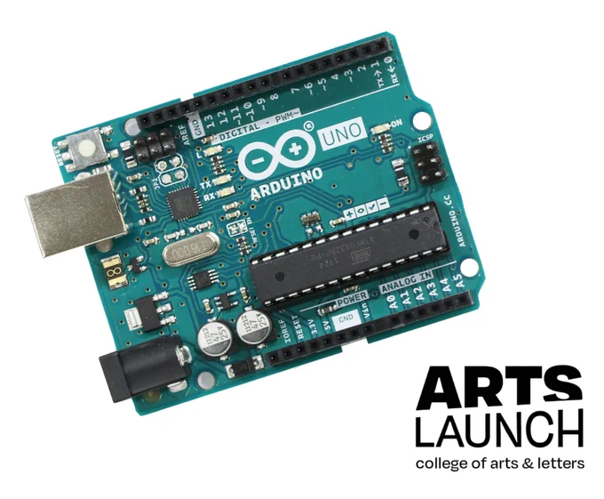 photograph of Arduino Uno with black text in bottom right corner that says Arts Launch college of arts & letters