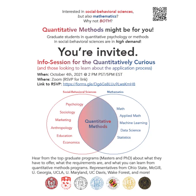 Flyer showing invitation to Quantitative methods information session. Date is October 4, 2021. Time is 5PM EST. Clickable link to RSVP.