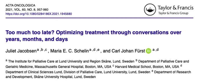This week, read about a new 3-part communication framework organized by years, months, and days. It promotes early conversations on end-of-life #cancer treatment, medical-decision making, & patients’   families’ understanding of the prognosis.

https://www.tandfonline.com/doi/full/10.1080/0284186X.2021.1945680
