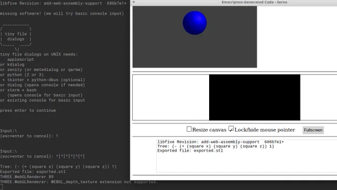 Screenshot of web page viewed in Servo.

Title bar reads "Emscripten-Generated Code - Servo". A shaded blue sphere is visible on the page.

A prompt from "tiny file dialogs" is visible in the background in a terminal window.