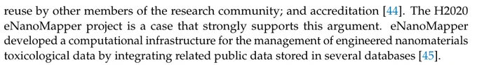 Screenshot of the mention of eNanoMapper in the paper: "The H2020 eNanoMapper project is a case that strongly supports this argument. eNanoMapper developed a computational infrastructure for the management of engineered nanomaterials toxicological data by integrating related public data stored in several databases [45]."
