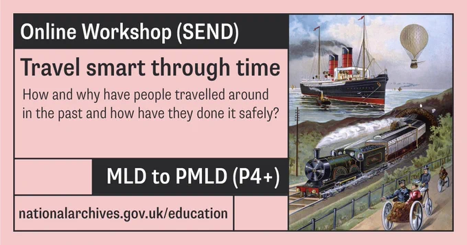 Text reads: Online workshop (SEND) Travel smart through time. How and why have people travelled around in the past and how have they done it safely? MLD to PMLD (P4 )
Image shows: Poster of different transportation methods including hot air balloon, ship, steam train and bike.