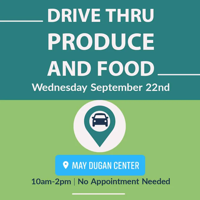 REMINDER FOR OUR CLIENTS! Don't forget @MayDuganCenter will be providing a Drive Thru Only Produce & Food Distribution Wednesday Sept 22nd 10am-2pm. Get all the details at: https://t.co/iHkNnT4Hju 💚