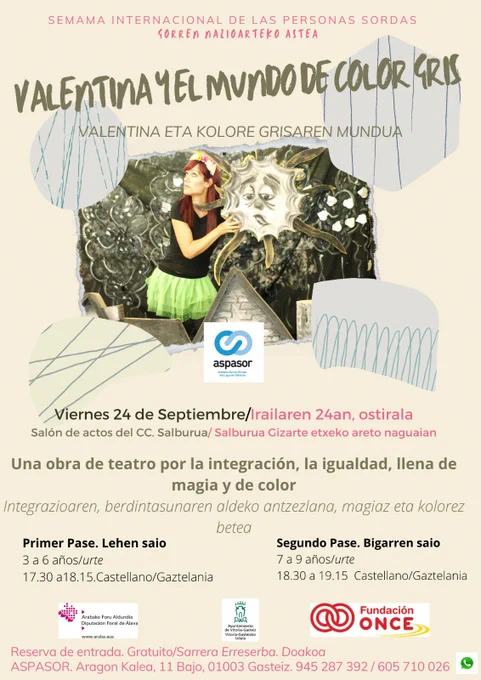 Ya dispuestos a afrontar un nuevo curso trabajando con las personas sordas y a favor de ellas, intentando un día a día más igualitario. Nuestra pequeña aportación a la semana internacional de las personas sordas es esta invitación a una representación a la población más joven que pensamos que es por dónde hay que empezar a sensibilizar y construir igualdad. 
Prest gaude ikasturte berri bati ekiteko, pertsona gorrekin eta haien alde lan eginez, eguneroko berdintasunezkoago bat lortzeko. Gorren nazioarteko asteari egiten diogun ekarpen txikia gazteenei ordezkaritza bat egiteko gonbidapena da, uste baitugu hortik hasi behar dela sentsibilizatzen eta berdintasuna eraikitzen.