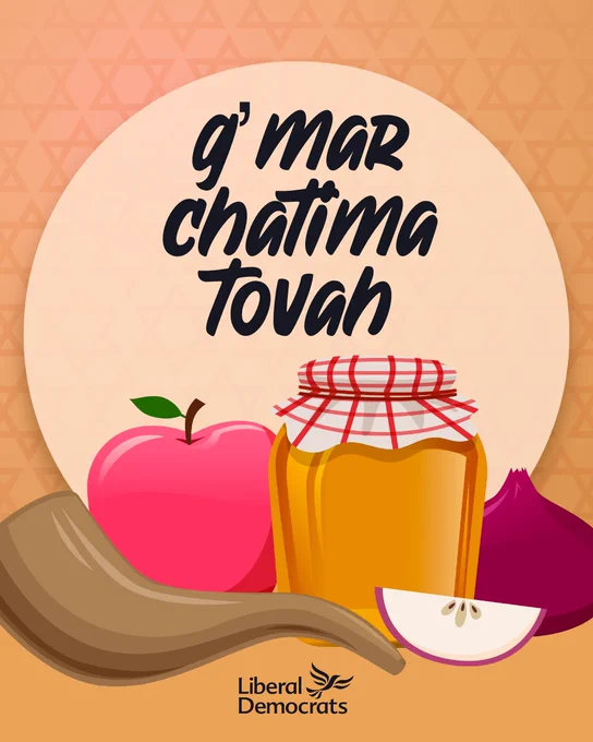 g'mar chatima tovah - image shows shofar, honey, apple and pomegranate - Liberal Democrats