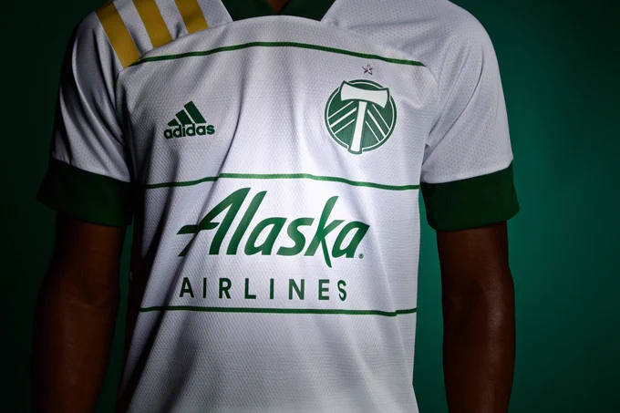 A white Timbers kit with Alaska Airlines on the front