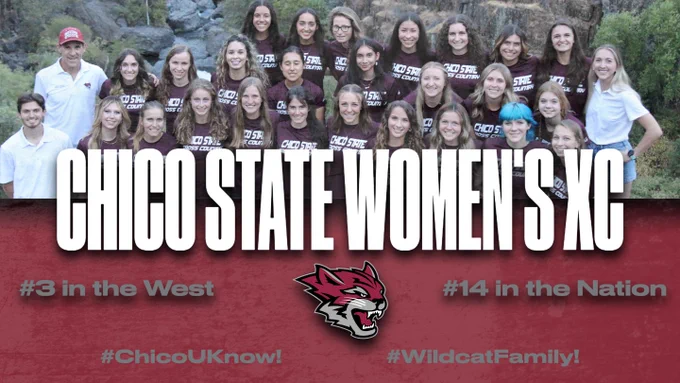 A graphic featuring the 2021 Chico State women's cross country team photo, taken above the creek in Upper Bidwell Park, on the top. Across the middle it reads "Chico State women's XC," across the middle of a red-textured bottom half is "#3 in the West" and "#14 in the nation," and across the bottom it reads "#ChicoUKnow!" and "#WildcatFamily!"