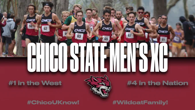 A graphic featuring 10-plus members of the 2021 Chico State men's cross country team racing at or near the front of the pack during the season-opening San Francisco State Invitational. Across the middle it reads "Chico State Men's XC." Across the middle of a red-colored bottom half is "#1 in the West" and "#14 in the nation." Across the bottom it reads: "#ChicoUKnow!" and "#WildcatFamily!"