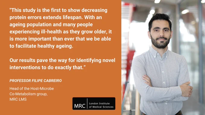 Professor Filipe Cabreiro, head of the Host-Microbe Co-Metabolism group at the MRC LMS and fellow author of the paper concluded: “This study is the first to show decreasing protein errors extends lifespan. With an ageing population and many people experiencing ill-health as they grow older, it is more important than ever that we be able to facilitate healthy ageing.

“Our results pave the way for identifying novel interventions to do exactly that.”