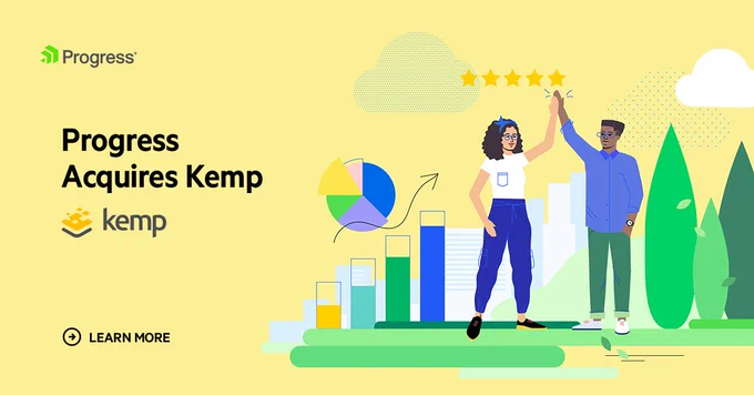 Progress Acquires Kemp! Image of two animated characters high fiving below 5 stars. Learn more button below in bottom left corner