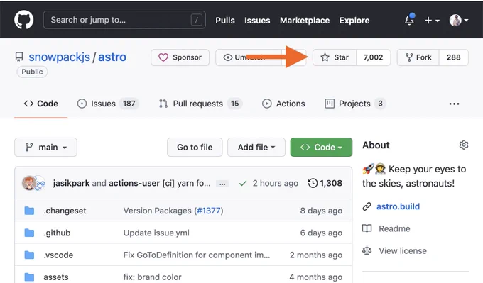 a screenshot of our GitHub repo with a red arrow pointing to the "Star" button