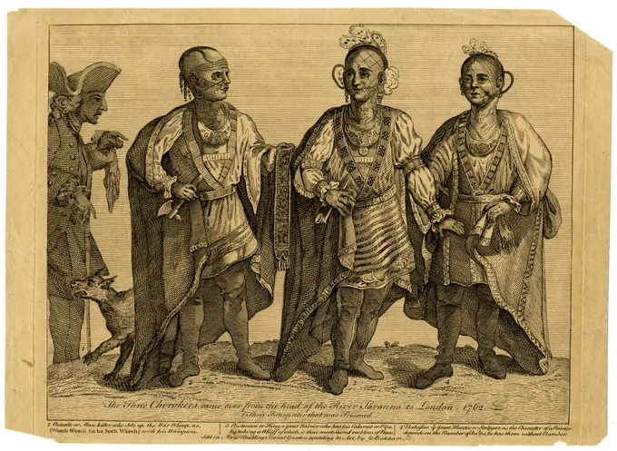 Engraving of "The Three Cherokees," 1762. © The Trustees of the British Museum.