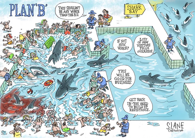 Cartoon depicts swimming pools invaded by sharks eating the swimmers - 'Plan B'
