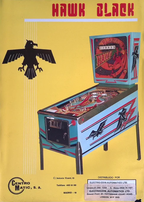 Pinball flyer from 1977 for Electrocoin / Centromatic's Hawk Black.