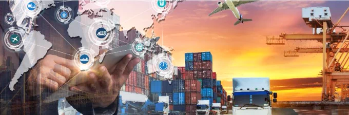 Different vehicles of exporting - cranes, trucks, cargo ship