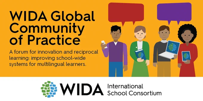 illustration of four people with speech bubble above heads with WIDA logo and text WIDA Global Community of Practice.