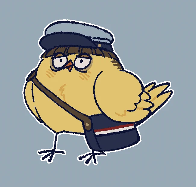 A self portrait of the artist represented as a gloster canary, a round yellow bird with a bowl-cut hairstyle. It is wearing a blue mailman's cap and carrying a satchel.