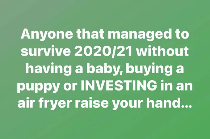 Anyone that managed to survive 2020/21 without having a baby, buying a puppy or INVESTING in an air fryer raise your hand...