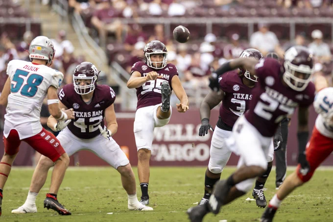 COLLEGE STATION, TX - September 18, 2021 - Punter Nik Constantinou #95 of the Texas A&M Aggies during the game between the New Mexico Lobos and the Texas A&M Aggies at Kyle Field in College Station, TX. Photo By Craig Bisacre/Texas A&M Athletics