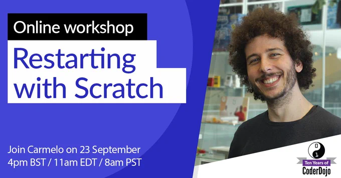 Restarting with Scratch workshop title, with image of speaker Carmelo.