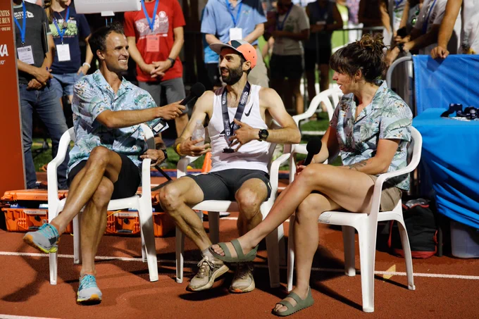 Dylan Bowman and Corrine Malcolm interviewing 2nd place finisher Tyler Green at the 2021 WSER.