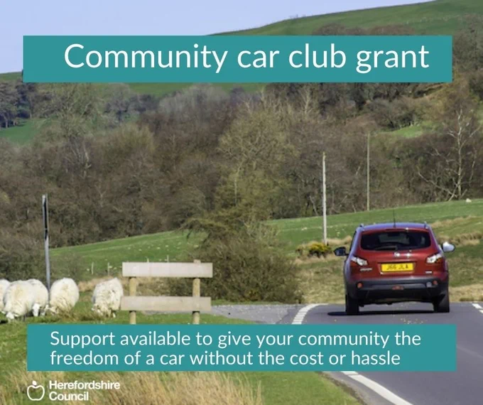 Image of a car on a country lane. Image text Strart your own community car club. Support available to give your community the freedom of a car without the cost or hassle 