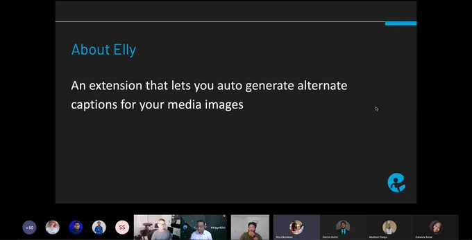 A screengrab from a Microsoft Teams meeting. The presentation slide reads, "About Elly: An extension that lets you auto generate alternate captions for your media images".