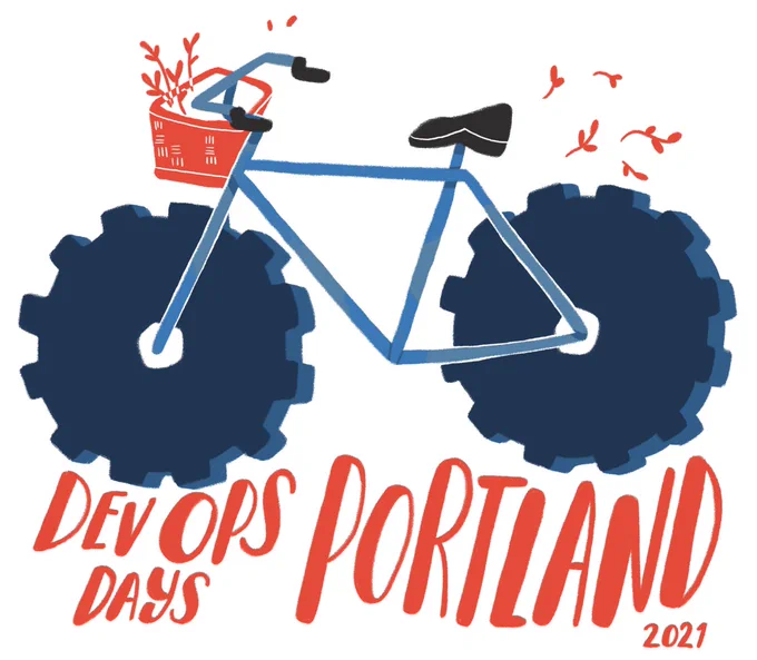 the devopsdays Portland logo of a bike with cog wheels