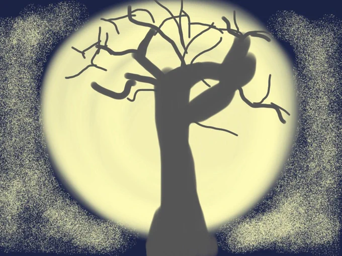 Halloween Moon" painting by beloved Deaf artist. 
It is a fulll, luminous, yellow moon surrounded by stardust & backdrop to bare tree with some crooked branches shaped like snakes. 